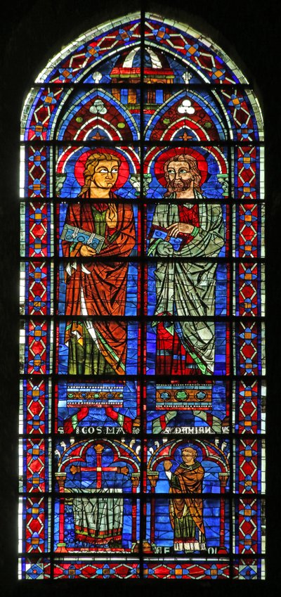 St Cosmos och St Damien; donatorpräst Geoffrey, (w120) av French School