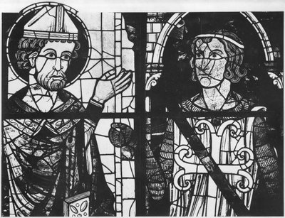 St. Denis ger oriflammen till riddaren Clement (marechal av Metz), detalj, sydros Förhärligande av vår Herre Jesus Kristus, av French School