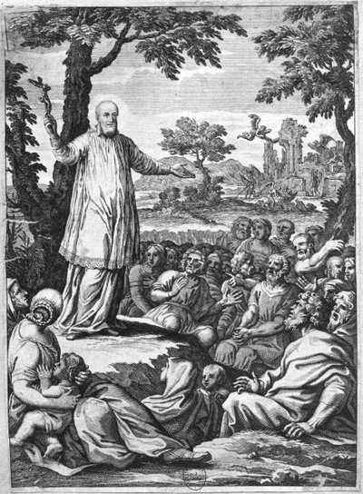 St Francis of Sales (1567-1622) predikar för kättarna i Chablais (gravyr) (bw foto) av French School