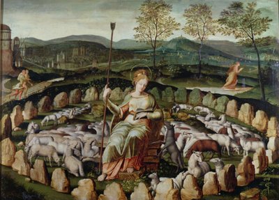 St. Genevieve som vaktar sin flock av French School
