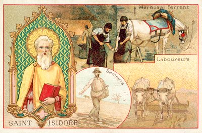 St Isidore, skyddshelgon för bönder och daglönare (chromolitho) av French School