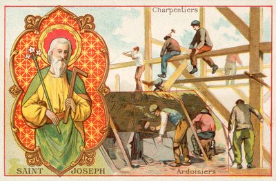 St Joseph, skyddshelgon för snickare och takläggare (chromolitho) av French School