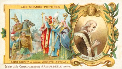 St Leo den store stoppar Hundens Attilas erövring av Italien, 452 (chromolitho) av French School