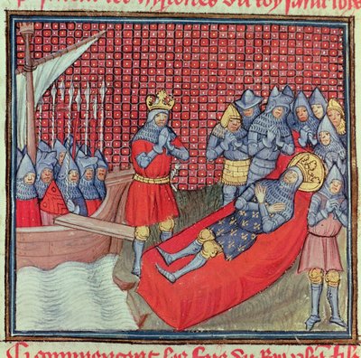 St. Louis dör i pesten den 25 augusti 1270 under korståget mot Tunis, från manuskriptet "Grands Chroniques de France" (vellum) av French School