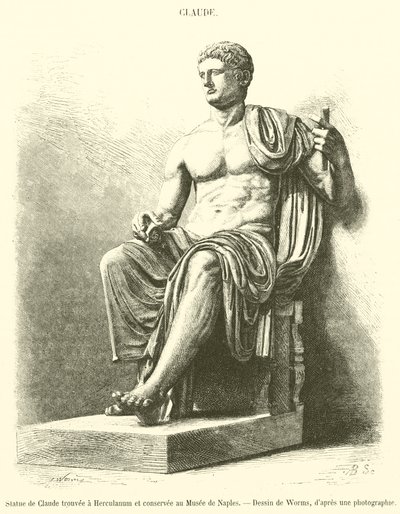 Staty av Claudius hittad i Herculaneum och bevarad i Neapelmuseet (gravyr) av French School