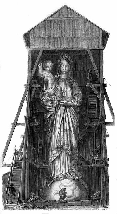 Staty av Notre Dame de France vid Puy en Velay (Puy-en-Velay) i Haute Loire (43): modell av statyn som ska smältas från järnet från kanonerna tagna i Sebastopol. Statyn stod färdig 1860 och var 16m hög. Från ett fotografi. Gravyr i "" Le av French School