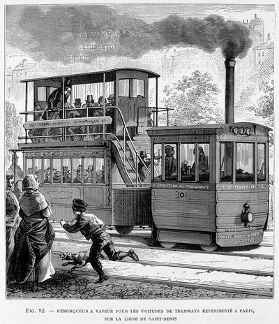 Ångdragare för erfarna spårvägsvagnar i Paris, på Saint-Denis-linjen - i "" The new conquests of science"" av Louis Figuier av French School
