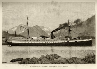 Steamer The Queen, i hamnen i Sitka (Alaska, USA). Gravyr av Bocher, 1890, i Le tour du monde, nouveau journal des voyages, redigerad av Edouard Charton (1807-1890), 2:a terminen 1891, upplaga Hachette, Paris. av French School