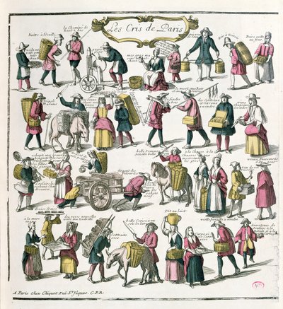 Gatuförsäljare i Paris, sent 1600-tal (färggravyr) av French School