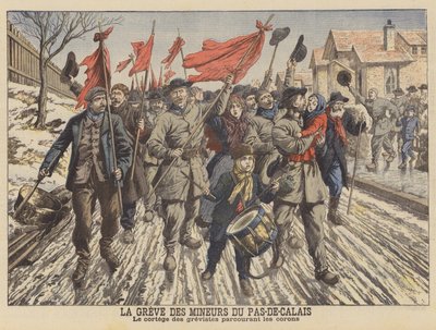 Strejk av gruvarbetarna i Pas-de-Calais, Frankrike (färg litho) av French School