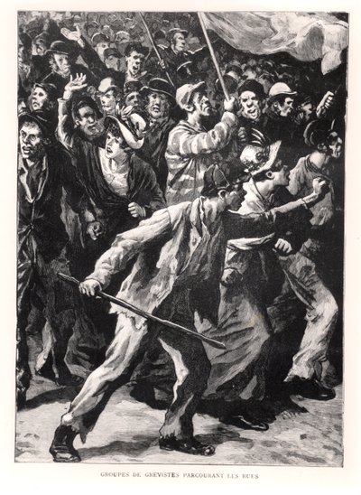 Anfallare demonstrerar på Chicagos gator under Pullman Riots 1894, ca 1895 av French School