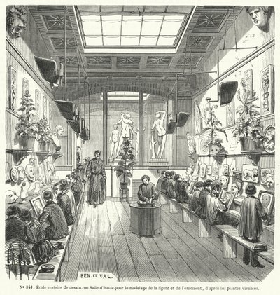 Elever i en klass i en fri ritskola, Frankrike (gravyr) av French School