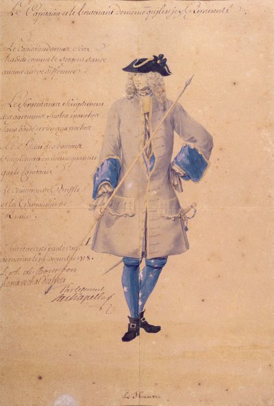 Studie av uniformen för en marin stationerad i Le Havre, 1718 (penna, kroppsfärg och wc på brunt papper) av French School