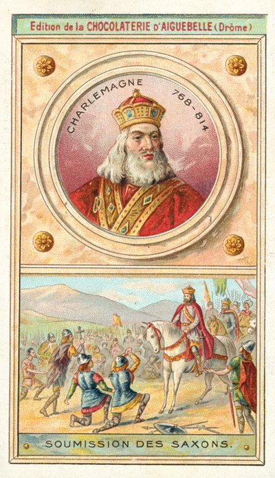 Underkastelse av sachsarna till Karl den Store, 785 (chromolitho) av French School