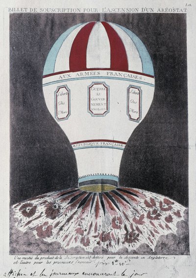 Prenumerationsbiljett för uppkomsten av en aerostat för att invadera England, deb. 1800-talet av French School