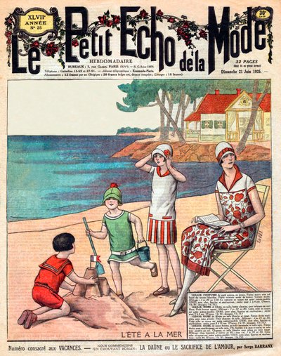 Sommar vid havet, kvinna med sina tre barn på stranden av French School