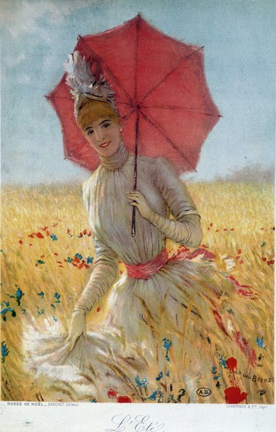 Sommar: ung kvinna med ett paraply i ett vetefält - teckning, sent 1800-tal av French School