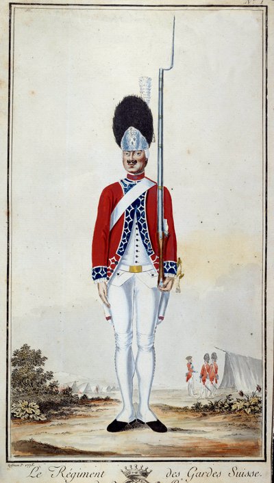 SwissGuard. Plåt 16 i ””Kompendium av militäruniformer för franska trupper under Ludvig XVI”” Litografi från 1779. Mått 0,23x0,16 m. Paris, Armémuseet av French School