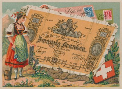 Schweizisk flicka i traditionell dräkt och 20 Francs sedel av French School