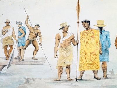 Tahitiska hövdingar som går ombord på Coquille, design av Jules-Louis Lejeune, baserad på Voyage around world av French School