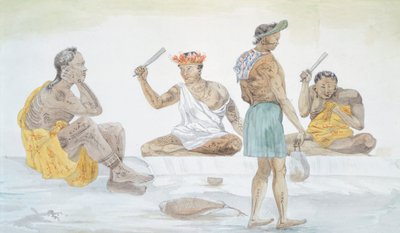 Tahitiska tygslagare, av LF Lejeune från Louis I Duperreys resa (1822-1825), Polynesien 1800-talsvattenfärg av French School