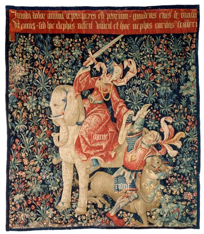 Gobeläng föreställande Mille-fleurs och välgörenhet som övervinner avund (ull och siden) av French School