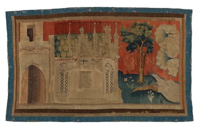 Gobelängfragment som föreställer gotisk kyrka i landskap, från Apocalypse of Angers av French School