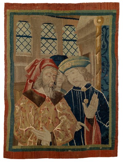 Gobelängfragment föreställande tre figurer av French School