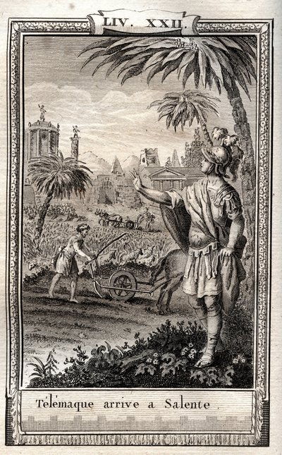 Teemaque återvänder till Salente (Salento) - gravyr från 1798 av Monnet i "Les Aventures de Telemaque, fils d