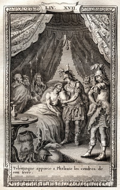 Telemaque tar hand om Phalantes sår och ger honom sin brors aska - gravyr från 1798 efter Monnet i "Les Aventures de Telemaque, fils d