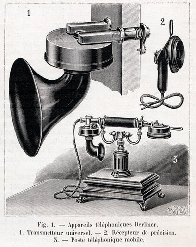 Telefonapparat - Berliner System - gravyr i "" La nature"" från 1902 av French School