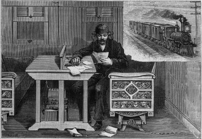 Telefonisk kommunikation av tåg som kör, Thomas Edison-systemet (1847-1931): en anställd utrustad med telefonapparater som tar emot ett tal inuti en bil i rörelse. Gravyr i "" La Nature. Revue des sciences et de ses applications aux arts et a l