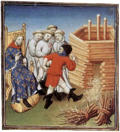 Tempelherrar kommer att avrättas under blick av den franske kungen Philippe IV le Bel 1310, belysning av French School