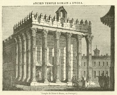 Dianes tempel i Evora, i Portugal (gravyr) av French School