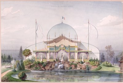 Tält och stort växthus i trädgården vid världsutställningen i Paris 1867 (akvarell på papper) av French School