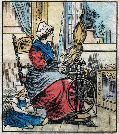 Textil, linne. En kvinna använder ett mekaniskt spinnhjul för att spinna linne. Gravyr. Epinal avbildning sent 1800-tal. av French School