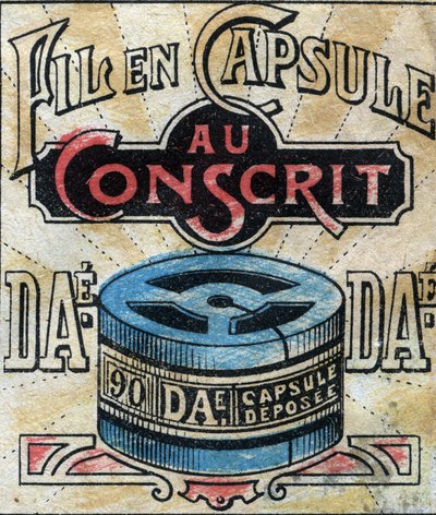 Textil, linne. Kapsel för användning av Dae sytrådar. Gravyr. Epinal avbildning sent 1800-tal. av French School