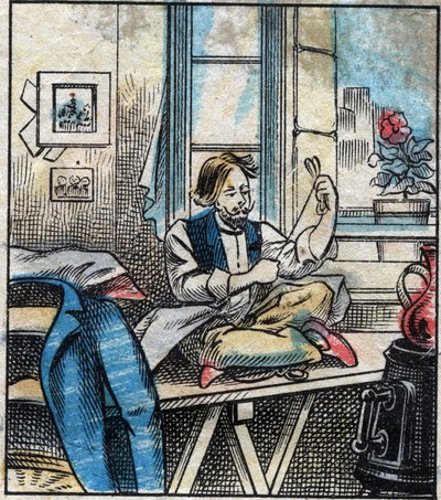 Textil, linne. Sytråd skuren i härvor. Gravyr. Epinal avbildning sent 1800-tal. av French School