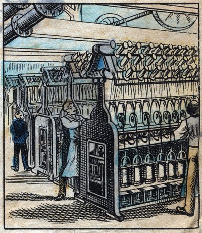 Textil, linne: verkstaden. Förvandla banden till borrar och sedan till trådar med hjälp av spinnande metiers. Gravyr. Epinal avbildning sent 1800-tal. av French School