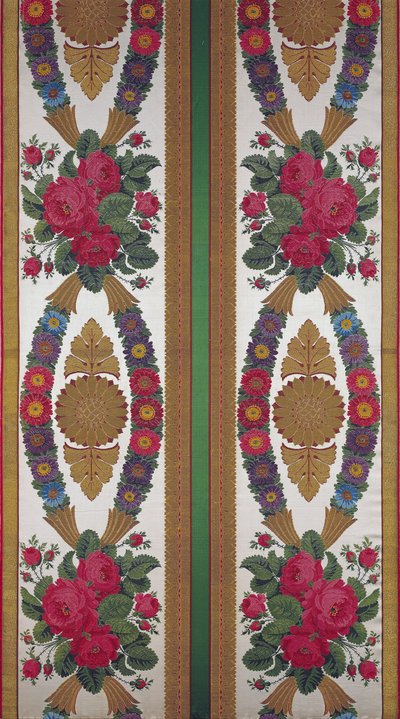 Textil med kransar av prästkragar och buketter av rosor av Cousin och Bony, Bissardon, Lyon, 1811 (broderad satin) av French School