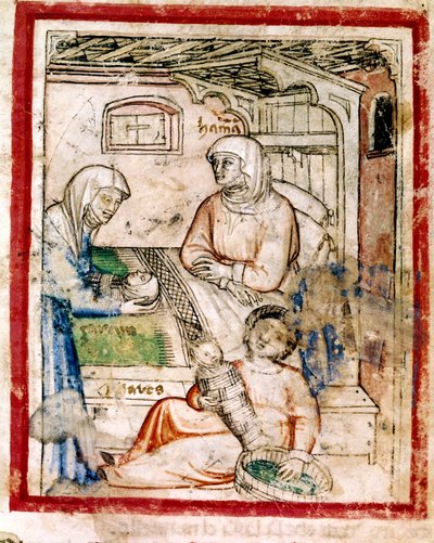 Thamar (Tamar) föder två tvillingar, Perets och Zerah, Judas son, miniatyr från codex 212 (eller padovano codice eller Bible of Padua) 1390-1400 av French School