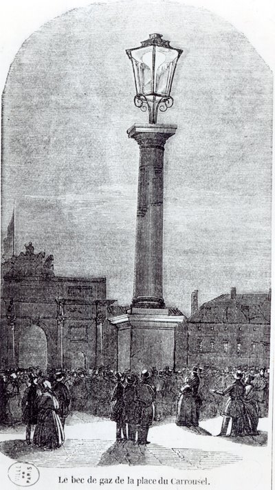 Den första gaslampan i Paris på Place du Carrousel 1818 av French School