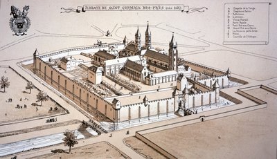 Abbey of Saint-Germain-des-Prés ca 1520 (färgad gravyr) av French School