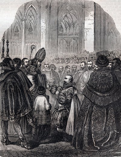 Abjurationen av Henrik IV, kung av Frankrike vid Saint Denis 25 juli av French School