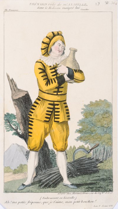 Skådespelaren Thenard i rollen som Sganarelle i pjäsen Le Medecin Malgre Lui, producerad i Paris på Comedie Francaise, tidigt 1800-tal av French School
