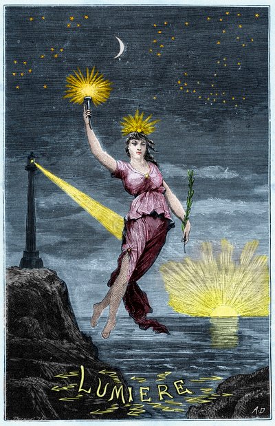 The Allegory of Light - Allegorie de la Lumiere - Gravyr i "Vetenskaper som är tillgängliga för alla - fysik och kemi" av Alexis Clerc - Slutet av 1800-talet - Privat samling av French School