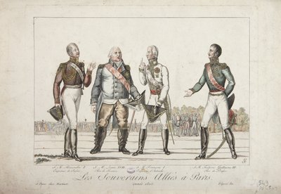 De allierade suveränerna i Paris, 1815, Alexander I, kejsare av Ryssland, Ludvig XVIII, kung av Frankrike, Francis I, kejsare av Österrike och Fredrik Vilhelm III, kung av Preussen, utgiven av Martinet, 1815 av French School