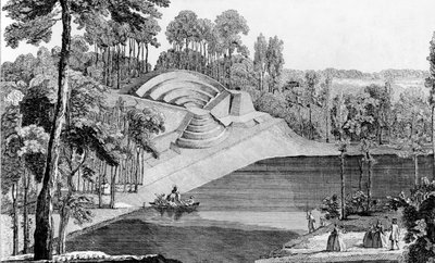 Amfiteatern i Claremont, 6 ligor från London, från Details des Nouveaux Jardins a la Mode, av George Louis le Rouge, publicerad ca 1770-87 av French School