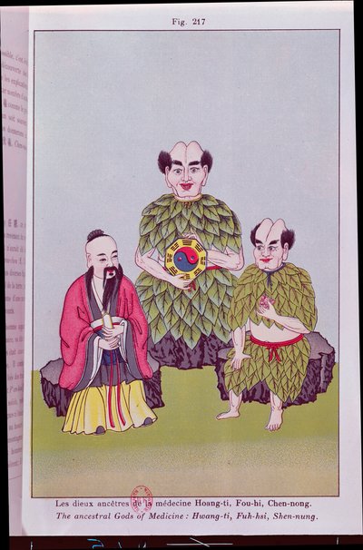 The Ancestral Gods of Medicine: Hwang-ti, Fuh-hsi håller i Tai-ki, Shen-nung smakar på en medicinalväxt, illustration efter populära kinesiska bilder (färggravyr) av French School