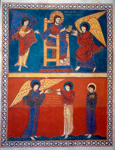 Ängeln tog emot Herrens bok och överlämnade den till Saint John Miniature från kommentarerna till "Uppenbarelsen enligt Johannes" skrivna 775 av munken Beatus av Liebana av French School